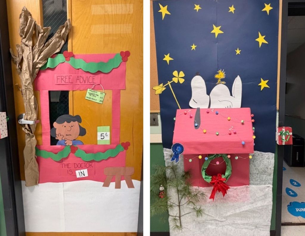 Photo 9: Classroom door designed as Lucy’s “Free Advice” booth from Peanuts, with holiday trim and a 5¢ sign.  Photo 10: Classroom door showing Snoopy lying on his doghouse under a starry night sky decorated with holiday lights.