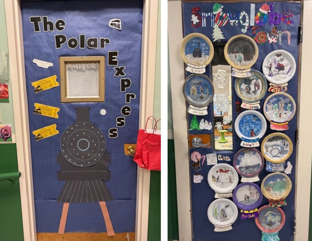 Photo 13: Classroom door designed as The Polar Express train front with tickets and lettering.  Photo 14: Classroom door displaying student-made snow globe artwork arranged in rows on a blue background.