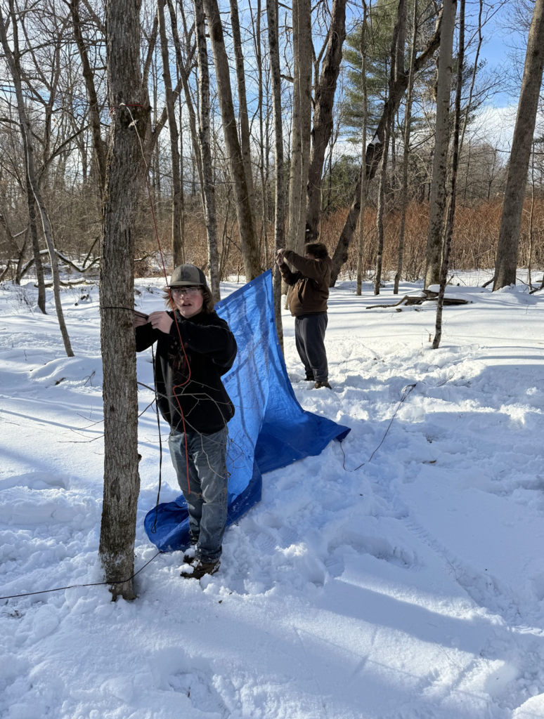 Two students tie a blue tarp between trees in a snowy forest to create a shelter while another student works nearby.