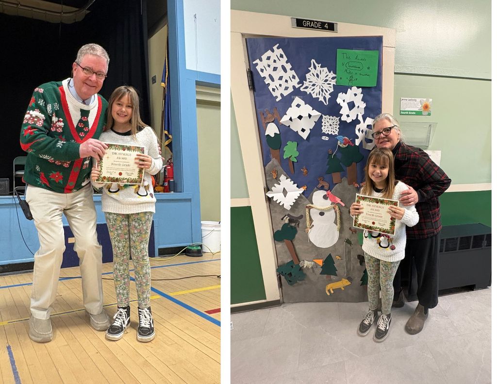 Left: An administrator presents a synergy award certificate to an elementary student standing together on a school stage. Right: An elementary student holds an award certificate while posing with a teacher in front of a winter-themed classroom door decorated with snowflakes and forest animals.