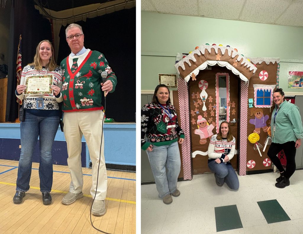 A staff member stands on a school stage holding a first-place award certificate while standing beside an administrator wearing a festive holiday sweater and holding a microphone. Right:  Three staff members pose smiling in front of a gingerbread-themed classroom door decorated with candy details, gingerbread figures, and icing trim.