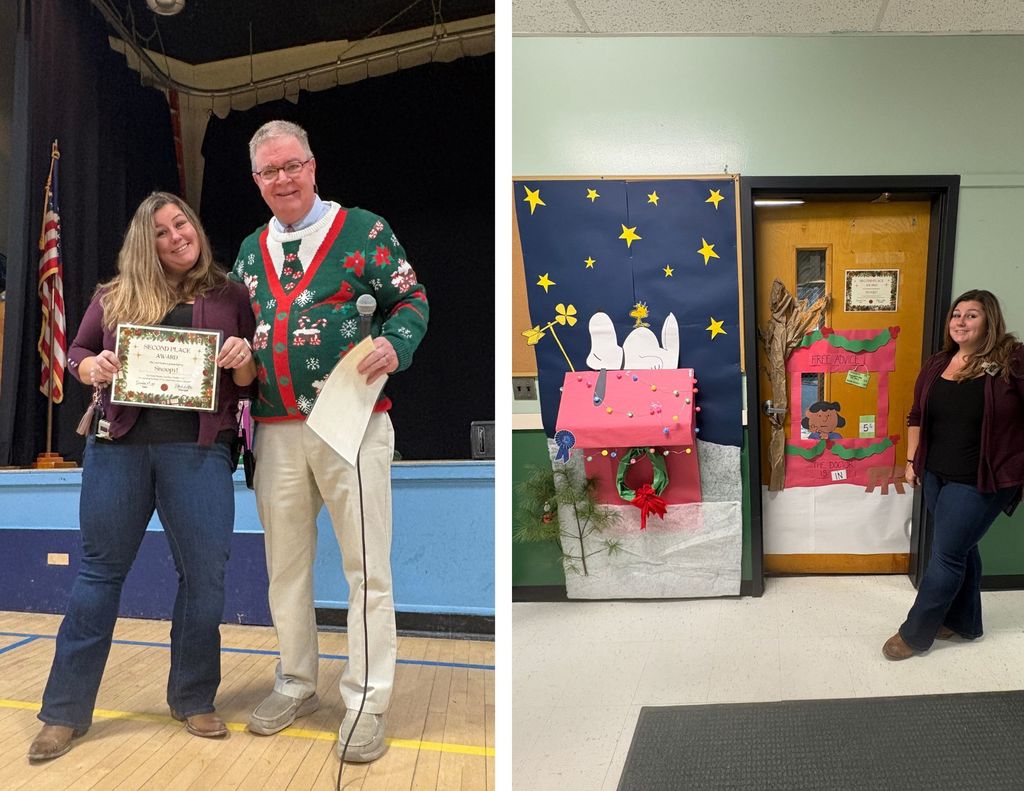 Left: A staff member holds a second-place award certificate while standing next to an administrator on a school stage, both smiling for the photo. right: A staff member stands beside a Snoopy-themed winter classroom door decorated with stars, snow, and a doghouse display.