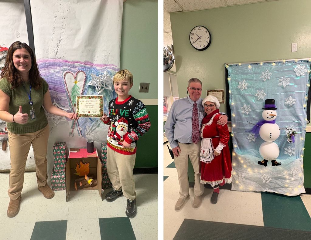 Left: A teacher gives a thumbs-up while standing next to a fifth-grade student holding a storytelling award certificate in front of a cozy winter-themed display. Right: An administrator and a staff member dressed in festive attire pose together in front of a winter-themed door featuring a snowman and string lights.