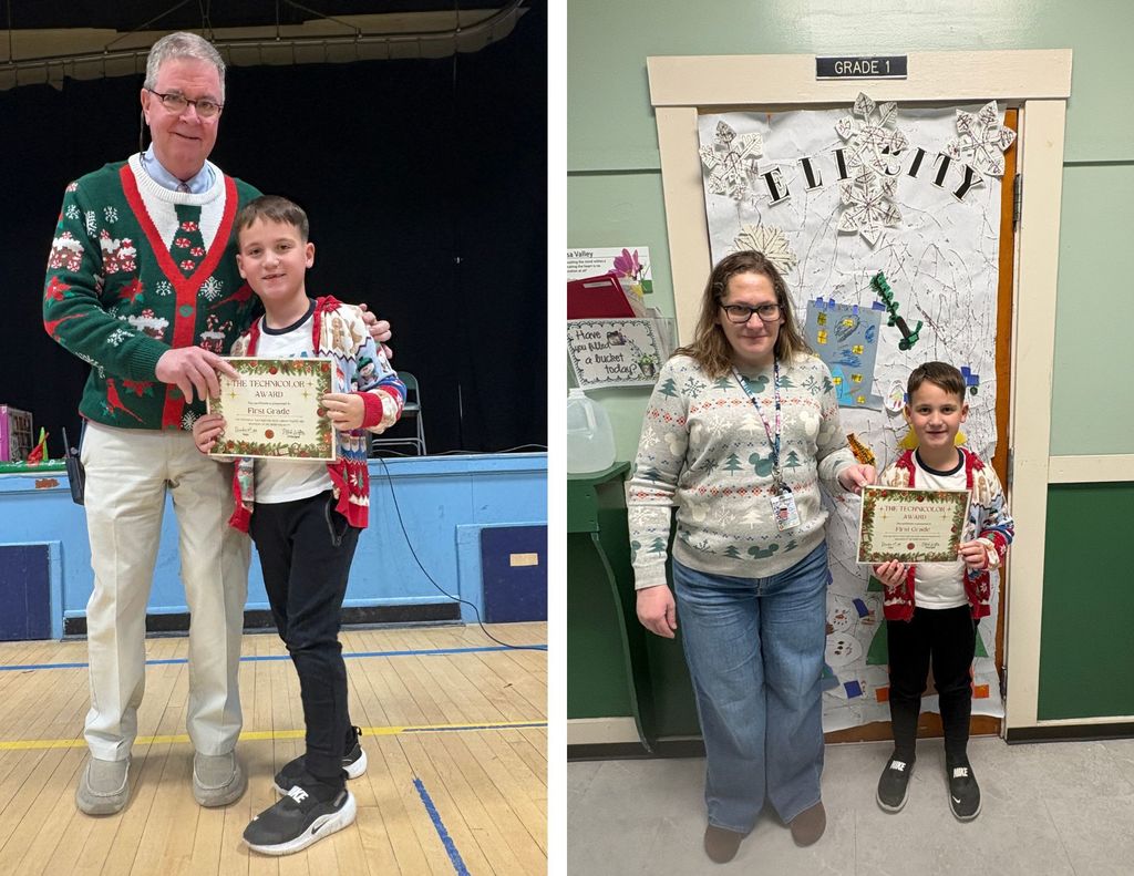 Left: An administrator presents a technicolor award certificate to a first-grade student on a school stage. right: A first-grade student holds an award certificate while standing next to a teacher in front of a classroom door covered in student artwork and winter decorations.