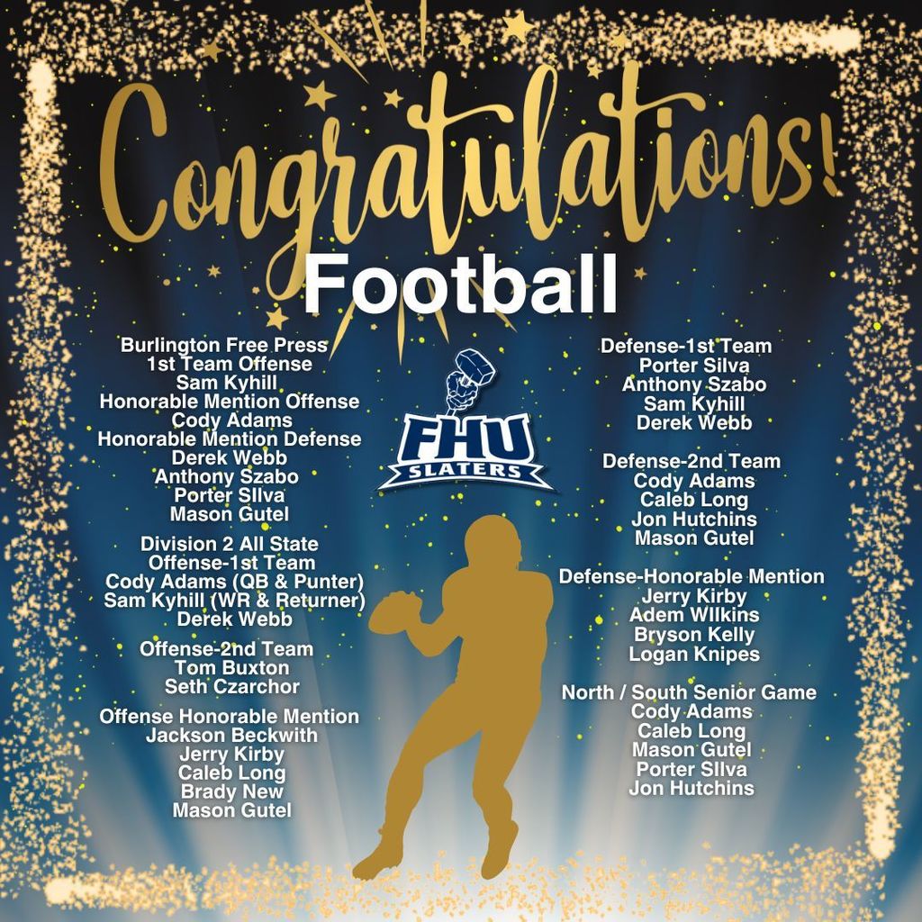 Congratulations graphic for Slater Football listing multiple post-season honors including Burlington Free Press First Team Offense Sam Kyhill; Division 2 All State selections; offensive and defensive first and second team recognitions; honorable mentions; and North/South Senior Game selections, with a gold football player silhouette and FHUV Slaters logo.