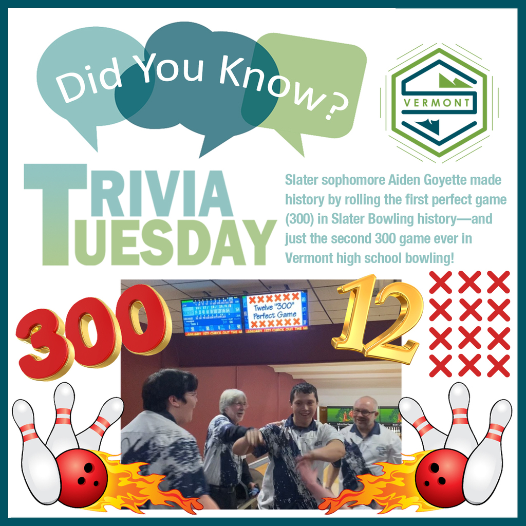 Graphic titled “Did You Know? Trivia Tuesday” celebrating Slater sophomore Aiden Goyette, who made history by bowling the first perfect game (300) in Slater Bowling history and just the second 300 game in Vermont high school bowling. The graphic includes a photo of Aiden celebrating with teammates at a bowling alley, bowling pins and balls, and large “300” and “12 strikes” visuals.