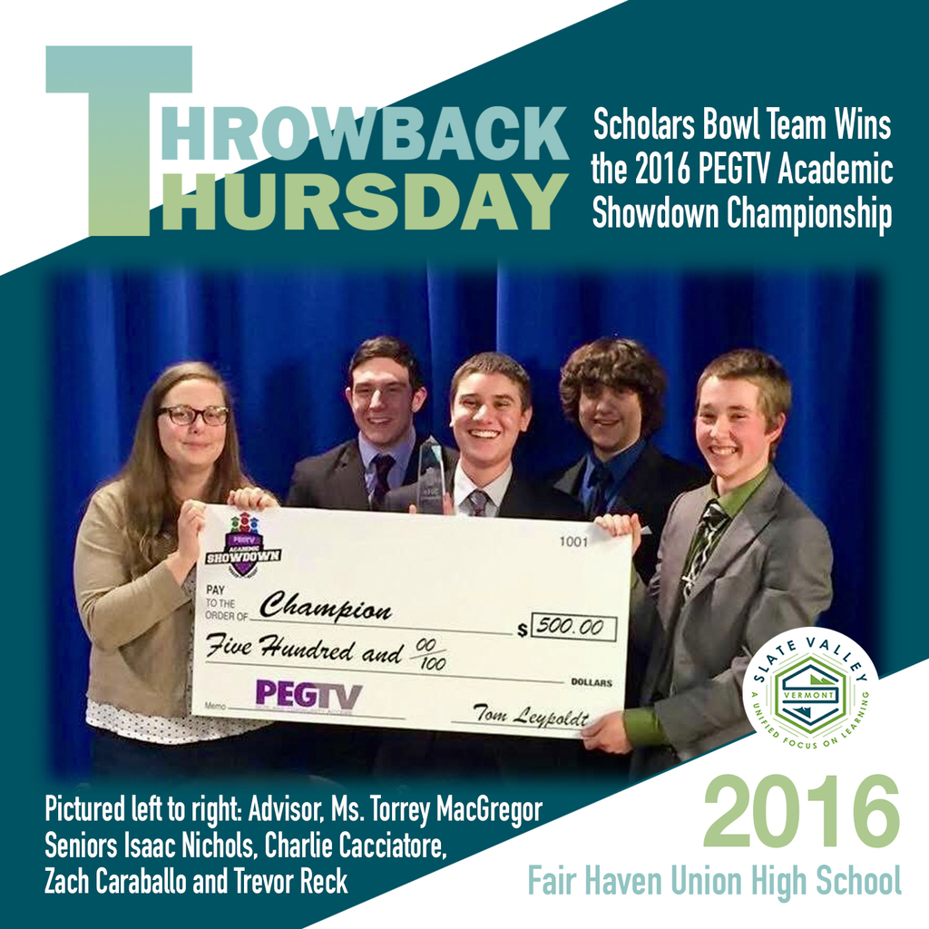 The team advisor with four members of the Fair Haven Union High School Scholars Bowl Team stand on a stage holding a large championship check after winning the 2016 PEGTV Academic Showdown.