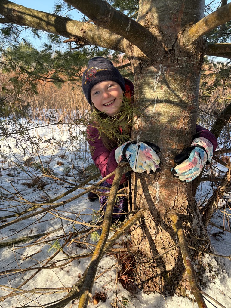 A smiling girl in a purple jacket and navy beanie hugging the trunk of a large pine tree in a snowy forest.