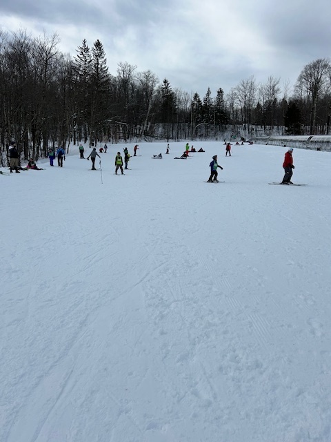 Students and instructors spread out across a wide beginner slope, practicing skiing on packed snow.