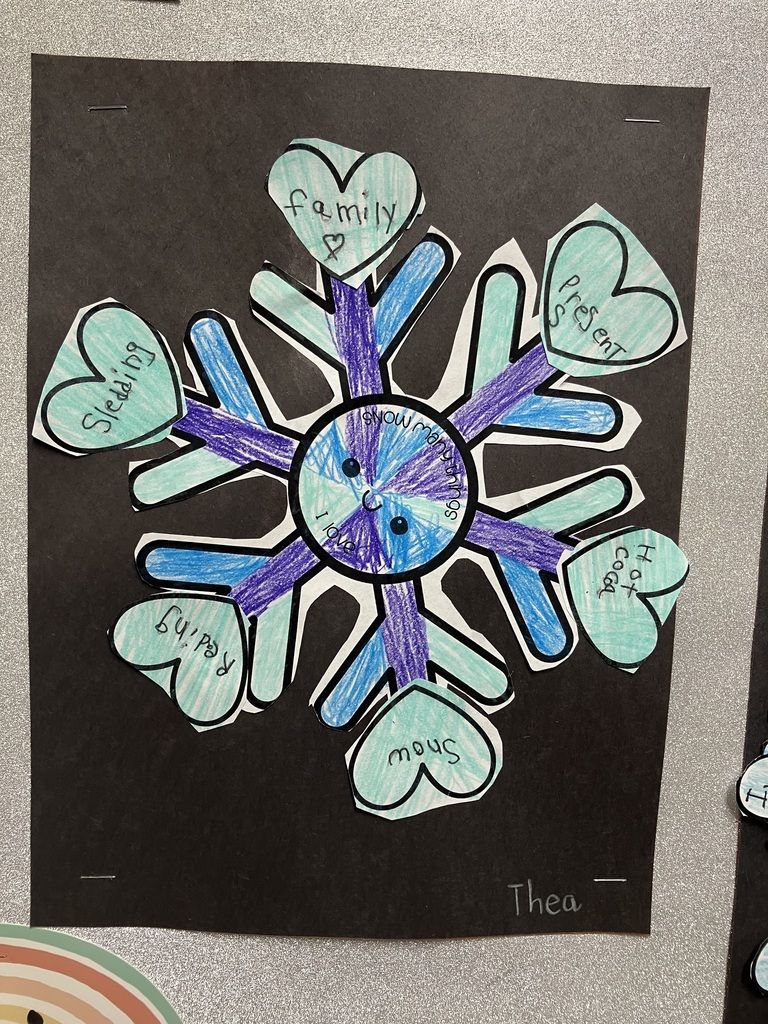  A close-up of a student art project by Thea. It features a snowflake colored with teal, blue, and purple stripes. The center has a cute smiley face and the words "SNOW many things I love." The hearts on the points of the snowflake list: Family, Presents, Hot cocoa, Snow, Reading, and Sledding.