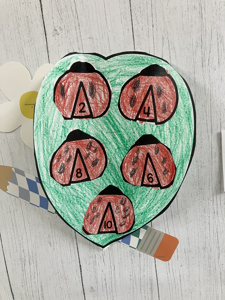 A close-up of another student’s project on the bulletin board. This green paper leaf holds five ladybugs colored with pink and red crayons. Like the others, they are labeled with even numbers from 2 to 10. A blue and orange checkered star decoration is pinned to the wall nearby.