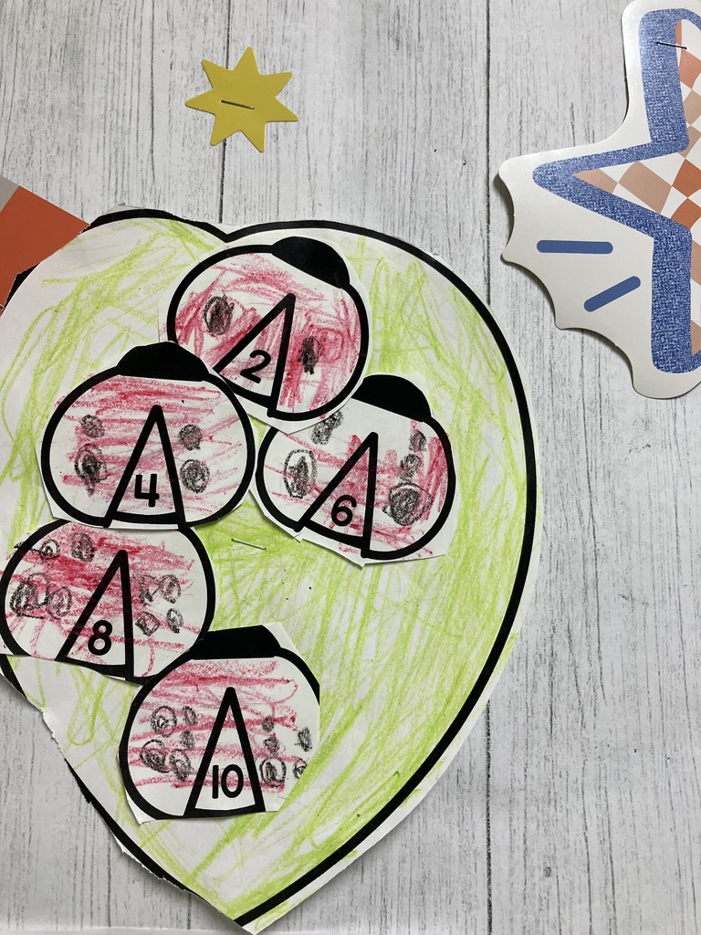 Red Ladybug Math Craft A close-up of a student's math project. Five red-colored ladybug cutouts are glued to a large green paper leaf. Each ladybug has a triangle on its back containing an even number: 2, 4, 6, 8, and 10. 