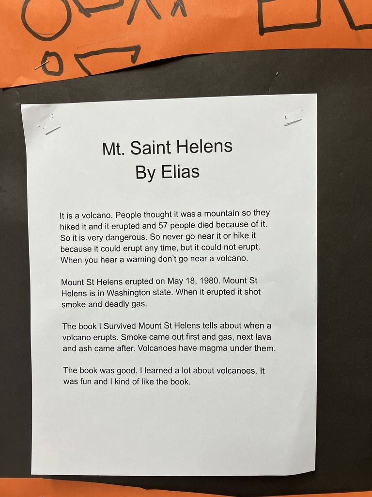 A printed report titled "Mt. Saint Helens"  This report also focuses on the 1980 eruption, noting the 57 casualties and the danger of volcanic gases and magma.
