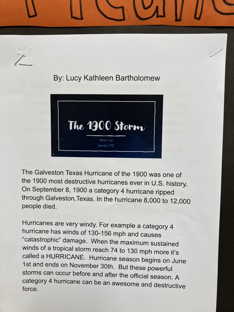 A printed report titled "The 1900 Storm." It includes a digital graphic of the title and text discussing the 1900 Galveston, Texas hurricane, its death toll, and general facts about hurricane categories and seasons.