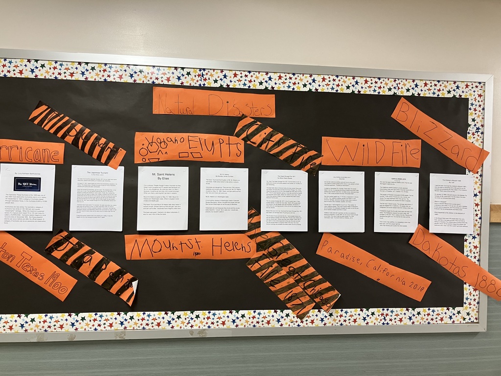 A wide shot of a classroom bulletin board with a black background and a colorful confetti border. The header "Natural Disasters" is written in orange letters. Below it, several printed student reports are stapled in a row, each paired with hand-drawn orange labels for events like "Hurricane," "Tsunami," "Volcano Erupts," "Chicago Fire," "Wild Fire," and "Blizzard."