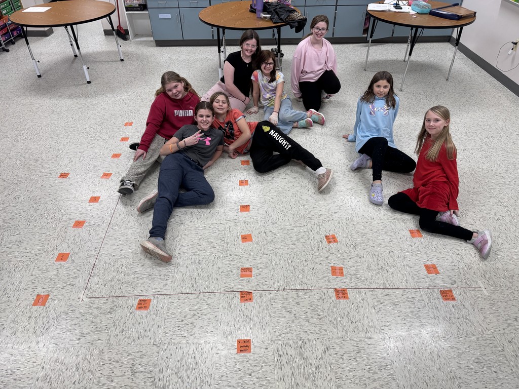  The same group of nine students from a different angle, sitting around the floor graph in a classroom. In this version, the students are more spread out and many are making silly faces or poses for the camera. The floor graph with its tape axes and orange sticky note data points remains the central focus of the room.