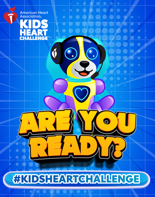 Bright blue graphic featuring Finn, a cartoon dog mascot wearing a headset and heart emblem, with the text “Are You Ready?” and “Kids Heart Challenge” from the American Heart Association.