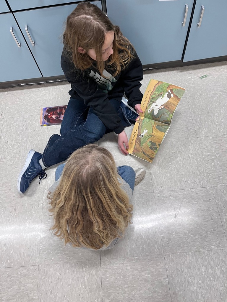 An overhead view of two girls sitting on a classroom floor. One girl, wearing a black hoodie, holds open a picture book titled "Bunny, My Honey," which shows an illustration of a white rabbit. Another girl with long, wavy blonde hair sits with her back to the camera, looking at the pages.  
