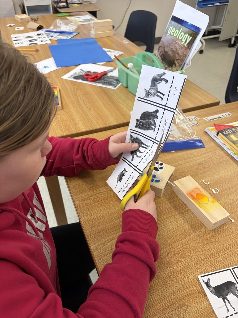 A student in a red hoodie sits at a desk and uses yellow scissors to cut out animal illustrations (fox, raccoon, coyote, opossum) from a printed worksheet. A "Geology" book and various wooden blocks are visible on the table.