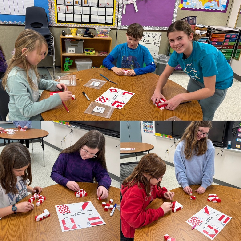 A collage of classroom photos showing small groups of elementary students working together at round tables with red-and-white pattern blocks or cubes. Students are building designs, matching patterns on worksheets, and discussing their work. Some students smile toward the camera while others focus closely on constructing shapes. The classroom setting includes tables, chairs, storage shelves, and learning materials, highlighting hands-on, collaborative math or problem-solving activities.