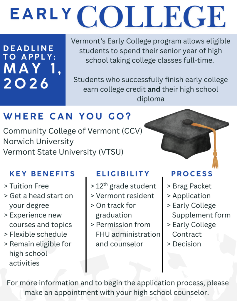 Flyer titled “Early College” explaining Vermont’s Early College program. Text notes the application deadline of May 1, 2026, and explains that eligible high school seniors can take college classes full time while earning college credit and a high school diploma. The flyer lists participating colleges—Community College of Vermont, Norwich University, and Vermont State University—along with key benefits, eligibility requirements, and application steps. A graduation cap graphic appears on the right side.