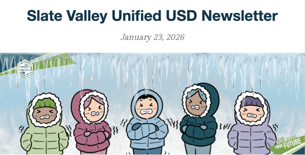 Slate Valley Unified USD newsletter header dated January 23, 2026, featuring an illustration of five bundled-up people shivering in winter coats beneath hanging icicles, suggesting cold winter weather.