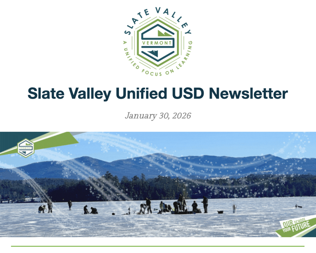 Slate Valley Unified USD newsletter header dated January 30, 2026, featuring the district logo above a winter scene of people ice fishing on a frozen lake with mountains in the background.