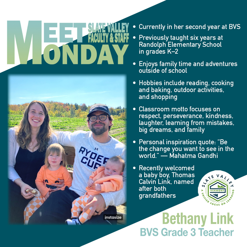 Graphic titled “Meet Monday – Slate Valley Faculty & Staff” featuring BVS Grade 3 teacher Bethany Link, with a family photo and text highlights about her experience, hobbies, classroom motto, and welcome of a new baby boy.