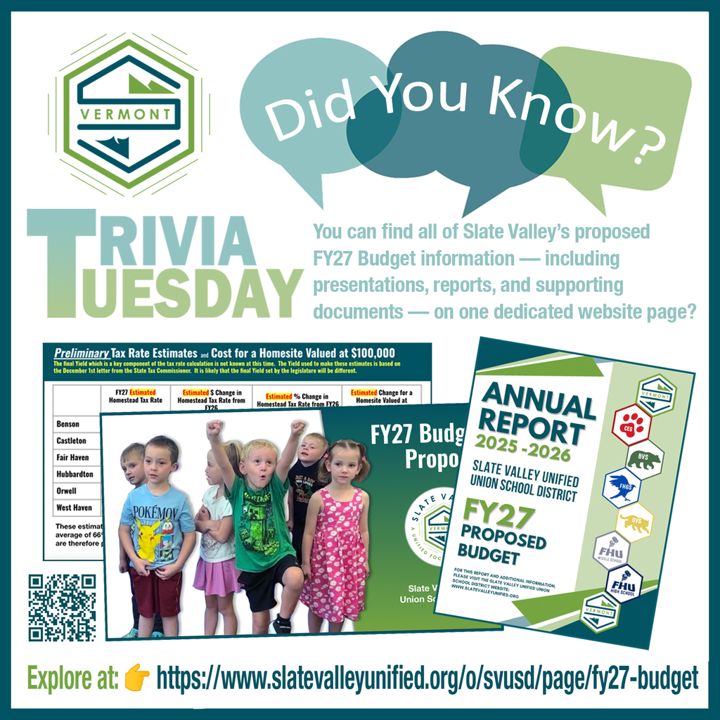 Slate Valley Unified School District “Trivia Tuesday” graphic that reads “Did You Know?” and explains that all proposed FY27 budget information — including presentations, reports, and supporting documents — is available on one dedicated website page. Includes images of the FY27 Proposed Budget and 2025–2026 Annual Report covers, a student group photo, a QR code, and the link: slatevalleyunified.org/o/svusd/page/fy27-budget.