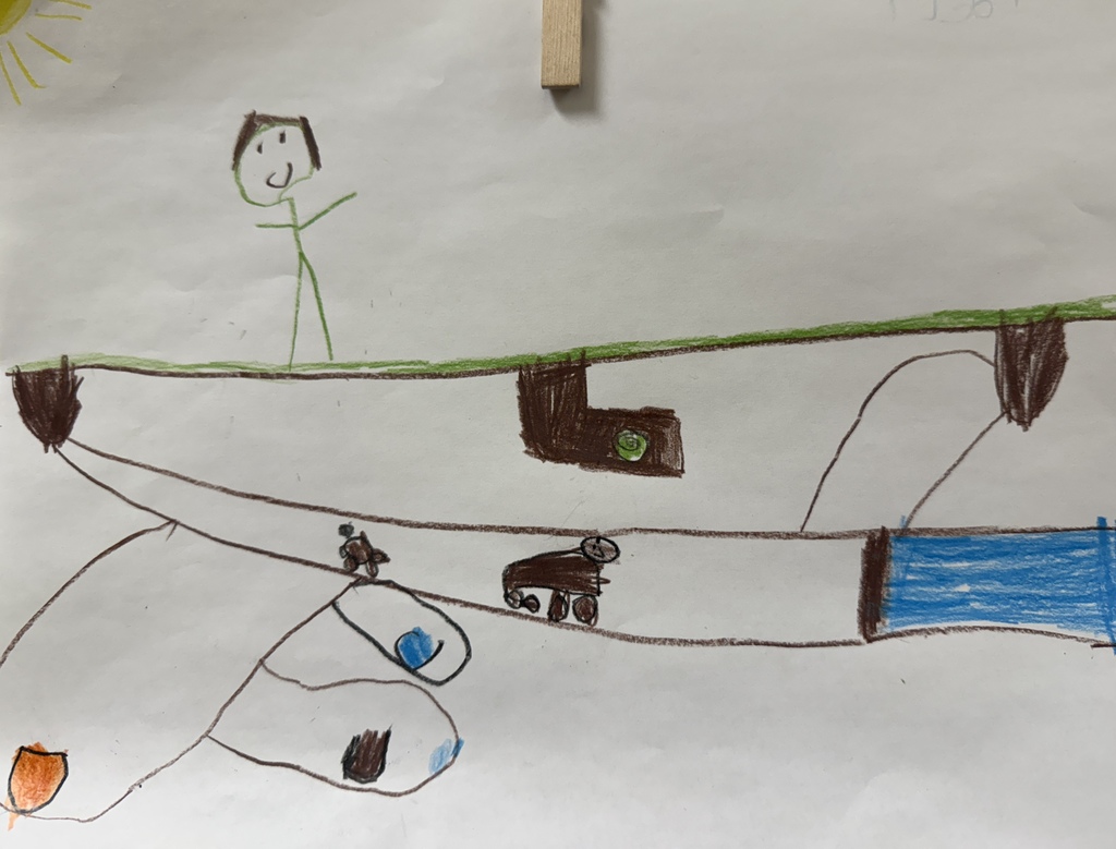 Child’s drawing of a burrow diagram showing a surface level with grass and a stick figure above connected to tunnels and rooms below ground.
