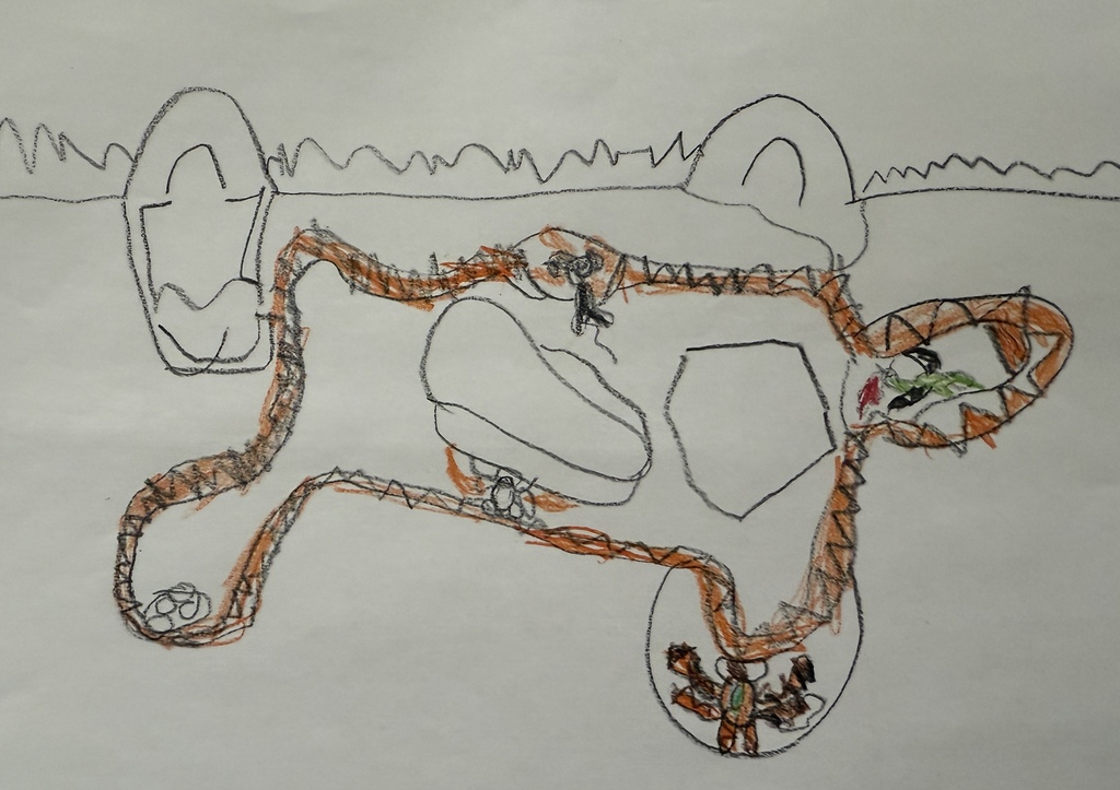 Child’s drawing of an underground animal burrow with winding tunnels, chambers, and small animals, outlined in pencil and shaded with brown and orange.