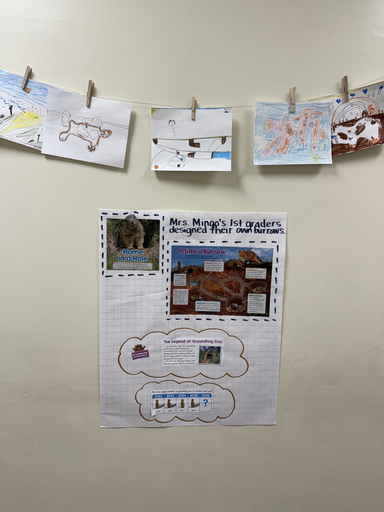 Wall display with student burrow drawings hanging above a poster that reads “Mrs. Mingo’s 1st graders designed their own burrows,” with groundhog and burrow reference images and facts.