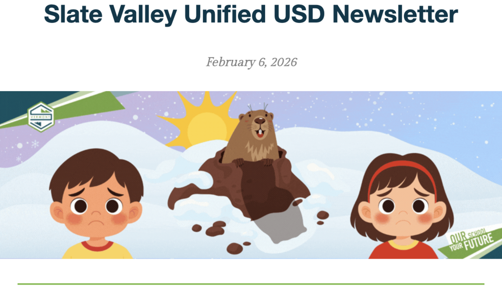 Header graphic for the Slate Valley Unified USD Newsletter dated February 6, 2026, showing a cartoon groundhog popping out of a snowy burrow with the sun behind it, flanked by two worried-looking cartoon children, with school branding elements in the corners.