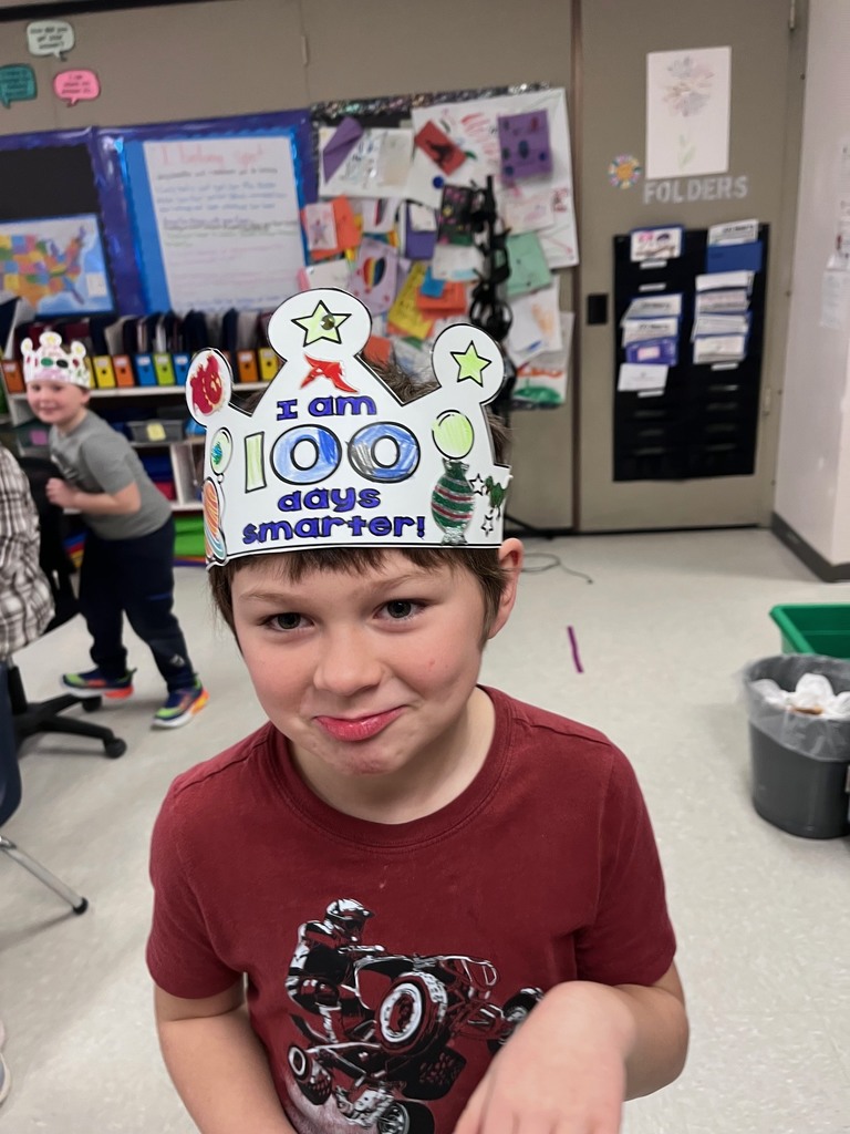 A young boy in a maroon t-shirt with a motorcycle graphic gives a slight, proud smile. His crown is decorated with blue and green coloring and various stickers, including a red dinosaur and a green patterned ornament.