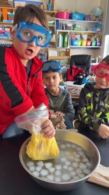 Three students in safety goggles watch as another student lowers a sealed bag into a metal bowl of ice for a science experiment.