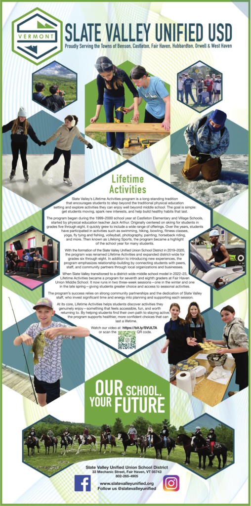 Poster for Slate Valley Unified USD promoting the Lifetime Activities program. The graphic includes the district logo and text listing the towns served, with multiple photos of students participating in activities such as woodworking, hiking, ice skating, ice fishing, martial arts training, treadmill fitness, fishing, cooking, and horseback riding. A central text block explains the history and purpose of the Lifetime Activities program and notes winter and late spring sessions. The poster includes a video link and QR code, the slogan “Our School, Your Future,” and district contact information with website and social media icons.
