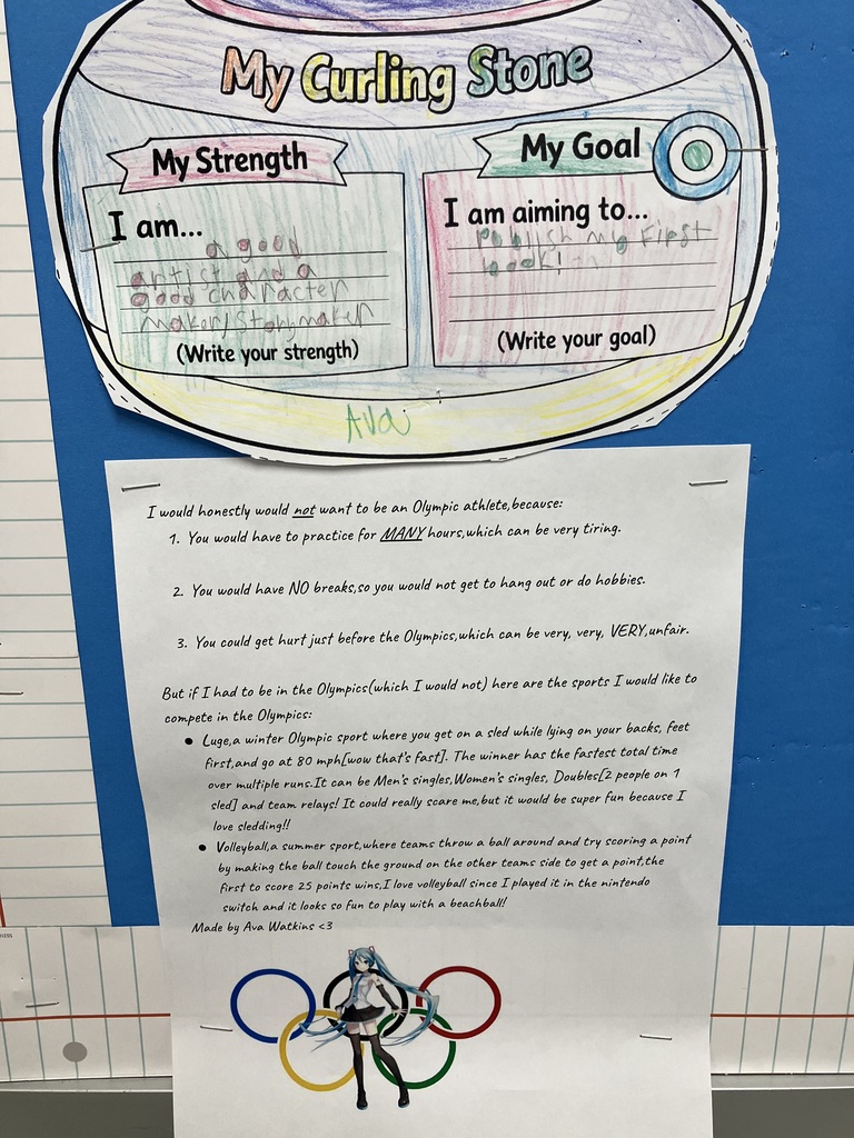 A school project titled "My Curling Stone" by a student named Ava.  The Worksheet: A paper cutout shaped like a curling stone. In the "My Strength" section, Ava wrote: "I am a good artist and a good character maker/storymaker." In the "My Goal" section, she wrote: "I am aiming to publish my first book!"  The Essay: Below the stone is a typed paper where Ava explains why she would not want to be an Olympic athlete, citing long practice hours and the risk of injury. She notes that if she had to choose, she would pick luge or volleyball.  The Graphics: At the bottom, there is a printed image of the Olympic rings with the anime character Hatsune Miku standing in the center.