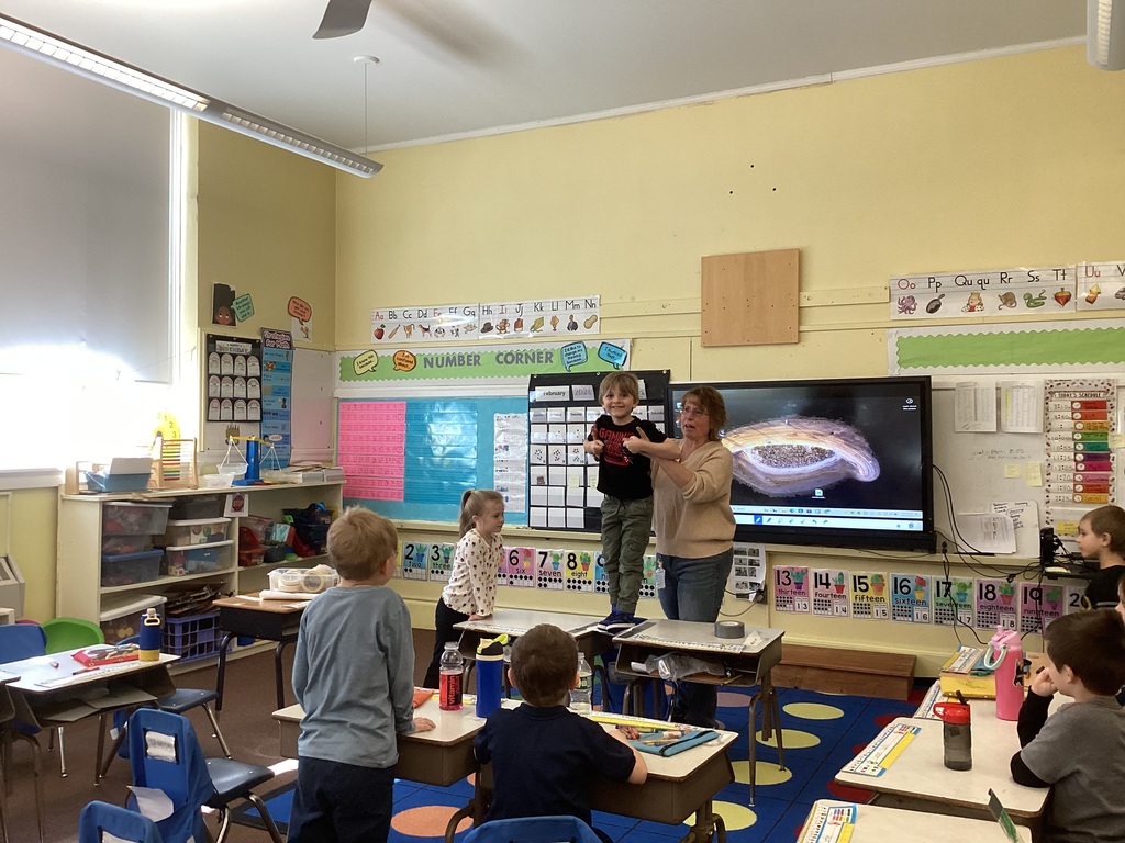 A teacher assists another student stepping onto desks to test a paper bridge, while classmates observe and classroom posters, number lines, and a word wall are visible behind them.