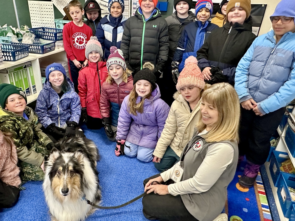 Group of bundled-up elementary students and an adult sitting in a circle on a classroom rug around a collie therapy dog on a leash.
