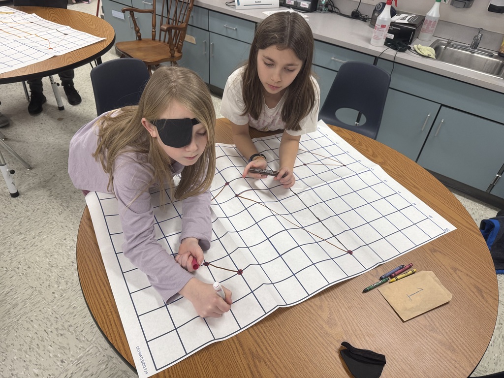 Two students collaborate on a coordinate grid activity at a round wooden table. One student, wearing an eyepatch on her forehead, holds an orange marker while the other student, wearing an eyepatch over her eye, draws orange lines connecting points on the large grid paper.