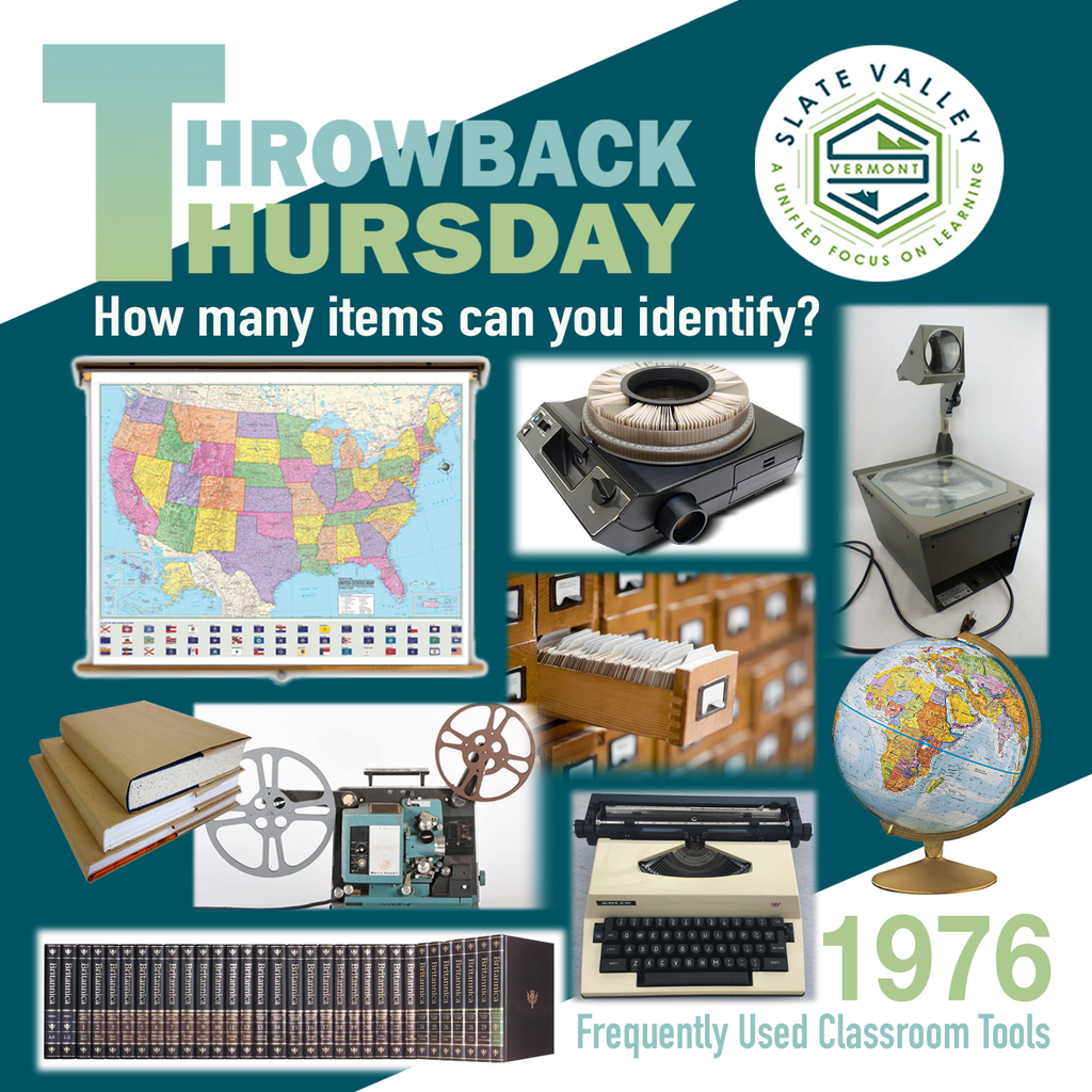 Graphic titled “Throwback Thursday” with Slate Valley logo. The image shows several classroom tools commonly used around 1976, including a pull-down U.S. map, slide carousel projector, overhead projector, card catalog drawer, globe, reel-to-reel film projector, stack of books, manual typewriter, and a set of encyclopedias. Text asks, “How many items can you identify?” and reads “1976 Frequently Used Classroom Tools.”