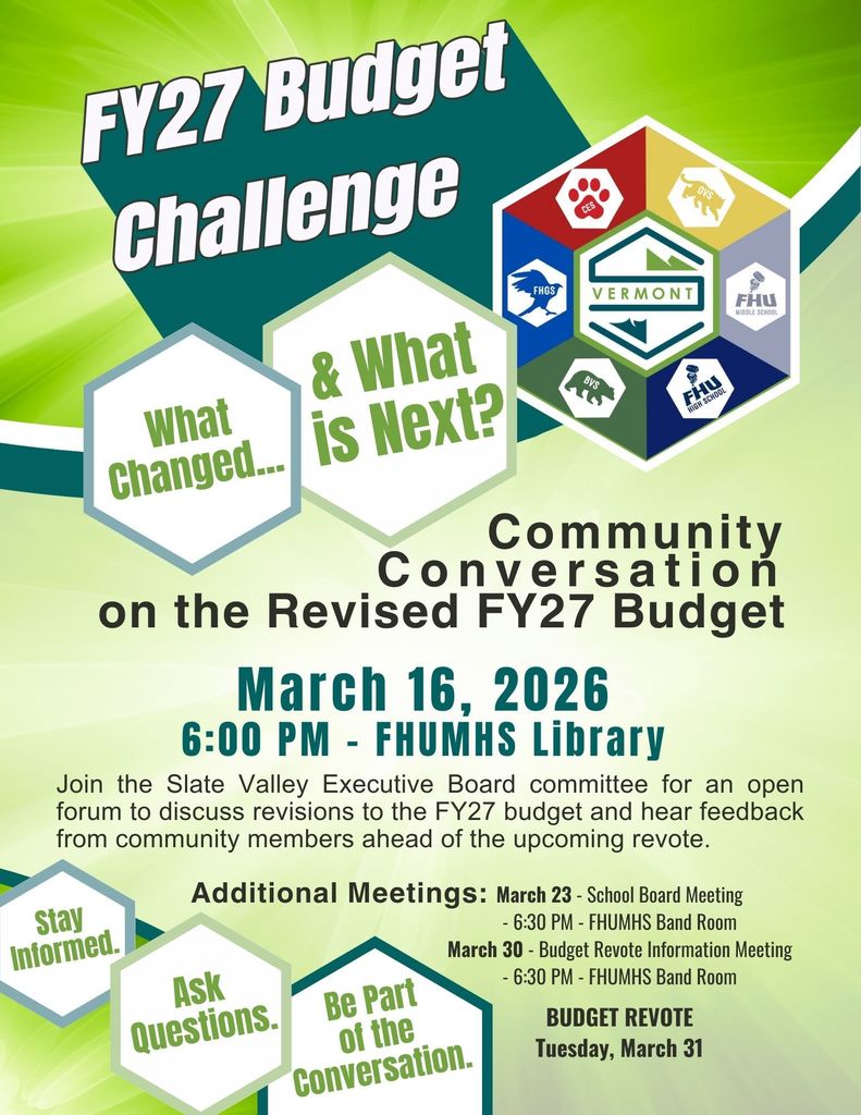 Graphic flyer titled “FY27 Budget Challenge – What Changed & What is Next?” inviting community members to a conversation about the revised FY27 budget on March 16, 2026 at 6:00 PM in the Fair Haven Union Middle and High School Library. The flyer encourages community participation to ask questions and stay informed. Additional meetings listed include March 23 (School Board Meeting – approve warning) and March 30 (Budget Revote Information Meeting), with the budget revote scheduled for Tuesday, March 31.
