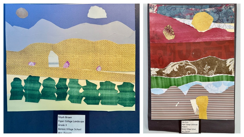 Two student paper collage artworks: one depicts a mountain landscape with trees by Niyah Brown, and the other is a multi-layered, abstract vertical composition by Oak Jutz.