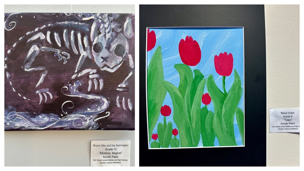 Two student paintings, one featuring a skeleton animal figure by Brynn Otto and Irie Swinington, and the other a field of red tulips under a blue sky by Maya Volpe.