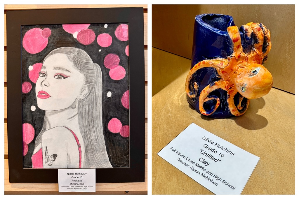 Two student art pieces: a mixed-media portrait of a woman with a butterfly tattoo on a polka-dot background by Nicole Hathaway, and a blue clay vessel featuring a detailed orange octopus by Olivia Hutchins.