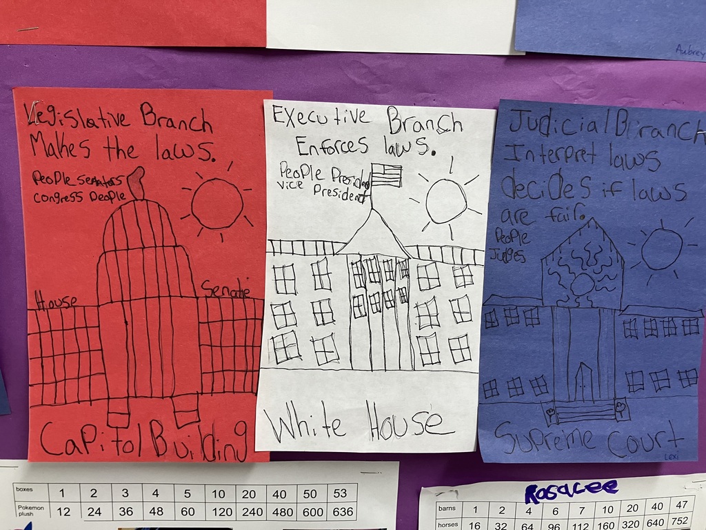 Close-up of Three Branches Project (Lexi) A close-up of a student’s work on three colored sheets of paper:  Red (Legislative Branch): Features a drawing of the Capitol Building with a sun. Text says, "Makes the laws," and lists "House" and "Senate."  White (Executive Branch): Features a drawing of the White House with an American flag. Text says, "Enforces laws," and lists "President" and "Vice President."  Blue (Judicial Branch): Features a drawing of the Supreme Court. Text says, "Interpret laws, decides if laws are fair," and lists "Judges."  