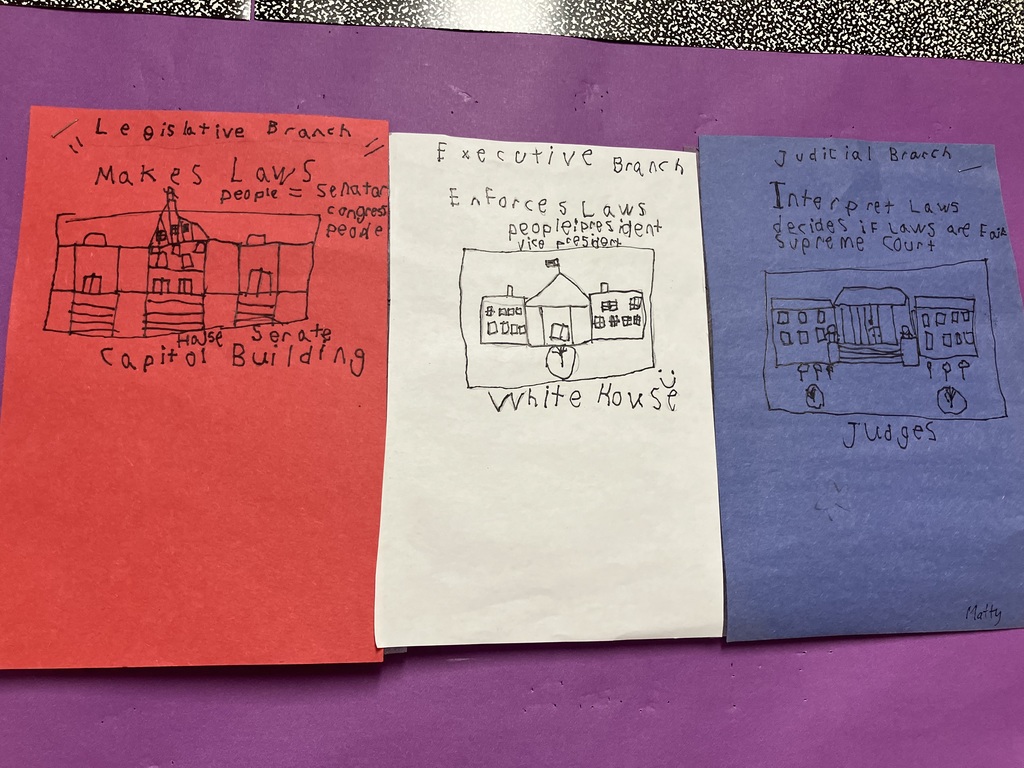 Close-up of Three Branches Project (Matty) A close-up of a third student project:  Red: A rectangular drawing of the Capitol Building. Handwritten text includes "Makes Laws" and mentions "Senators" and "Congress people."  White: A central drawing of the White House. Text identifies the branch as "Executive" and notes it "Enforces Laws."  Blue: A drawing of the Supreme Court. Text explains the branch "Interpret Laws" and "decides if laws are fair." The name "Matty" is written in the bottom corner.