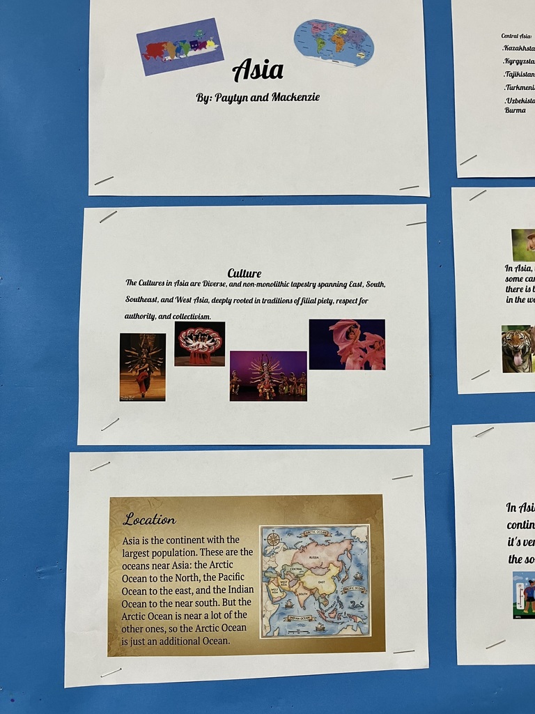 : A collection of three posters about Asia.  Title Slide: "Asia By: Paytyn and Mackenzie."  Culture Slide: Mentions diverse cultures rooted in "filial piety, respect for authority, and collectivism," accompanied by photos of traditional dancers.  Location Slide: Features an antique-style map of Asia and text describing the surrounding oceans (Arctic, Pacific, and Indian).  IMG_3132: A close-up of the "Fun facts about Asia" slide.  Facts include: Most populous continent (over 4.6 billion people), 60% of the world's population, home to Mount Everest (tallest peak), and Lake Baikal (deepest lake).  Africa IMG_3130: A poster titled "Countries in Africa" listing dozens of nations in alphabetical order, from Algeria to Zimbabwe. Two small photos at the bottom show a line of elephants at a watering hole and a scenic canyon vista.  IMG_3131: A poster titled "Places around Africa."  Text: Describes the Atlantic Ocean to the west, Indian Ocean to the east, Mediterranean Sea to the north, and Red Sea to the northeast. It notes that Africa is "in all four hemispheres."