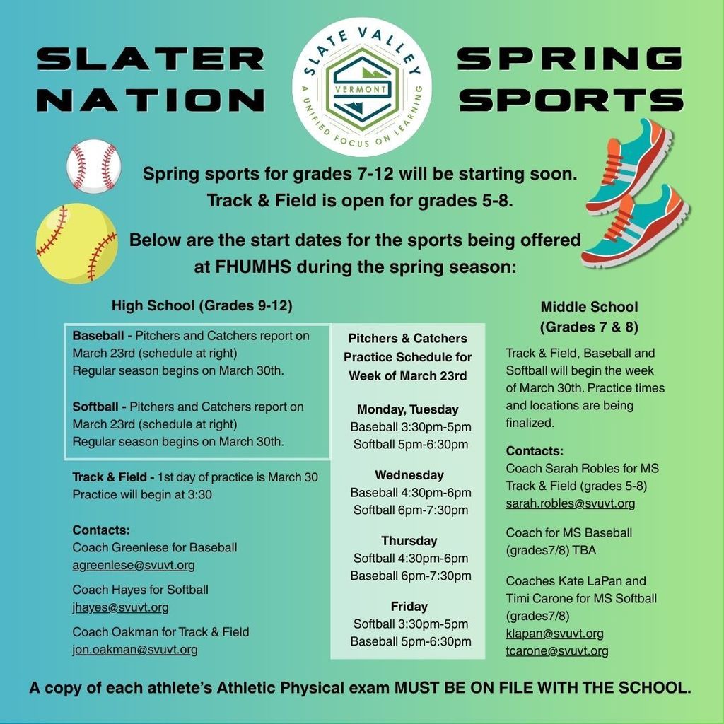 Graphic titled “Slater Nation Spring Sports” with Slate Valley logo announcing FHUMHS spring sports start dates. High school baseball and softball pitchers and catchers report March 23 with season starting March 30; track and field begins March 30 at 3:30 PM. Middle school baseball, softball, and track start the week of March 30. Reminder that athletic physicals must be on file.