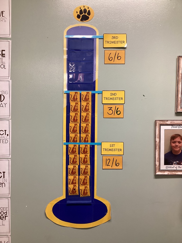 Wall display shaped like a thermometer tracking school goals by trimester, showing totals for first trimester (12/6), second trimester (3/6), and third trimester (6/6) with small wildcat stickers filling sections.
